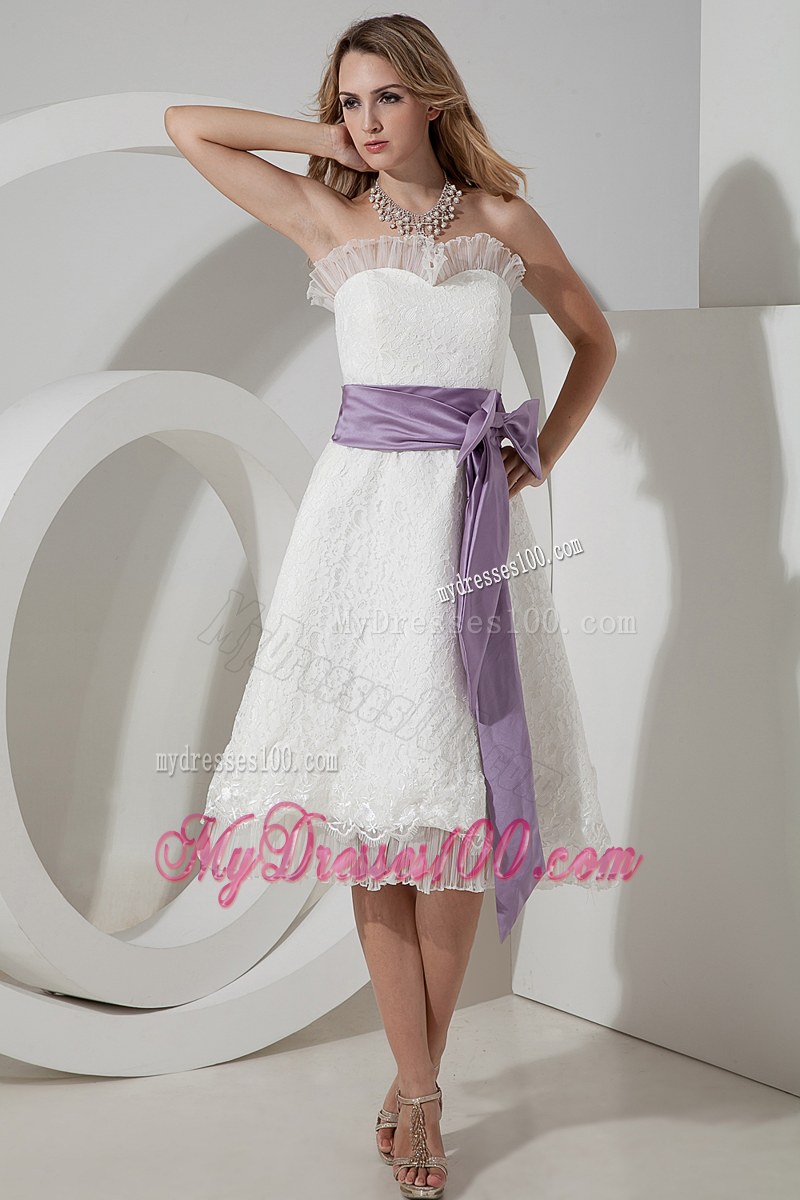 A-line Strapless Tea-length Lace Bridesmaid Dress with Bow and Sash