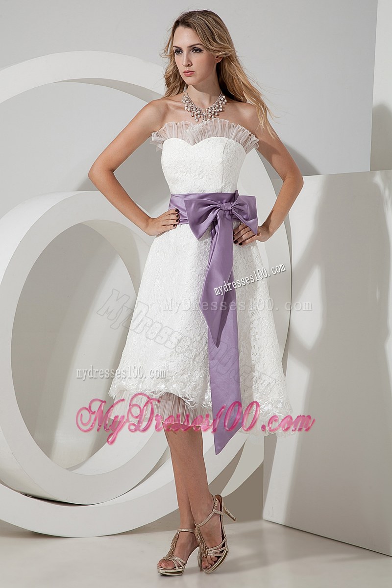 A-line Strapless Tea-length Lace Bridesmaid Dress with Bow and Sash