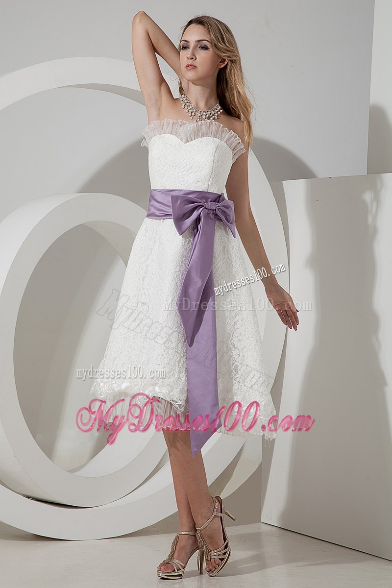 A-line Strapless Tea-length Lace Bridesmaid Dress with Bow and Sash