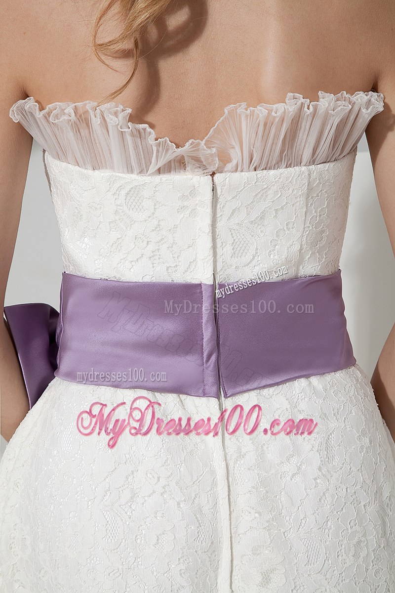 A-line Strapless Tea-length Lace Bridesmaid Dress with Bow and Sash