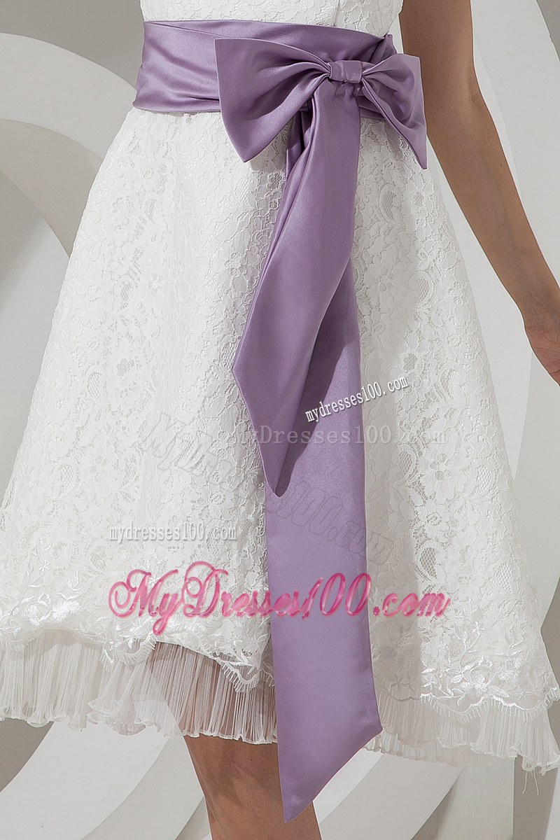 A-line Strapless Tea-length Lace Bridesmaid Dress with Bow and Sash