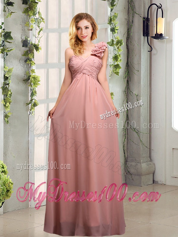 Empire Ruching One Shoulder Bridesmaid Dresses with Hand Made Flowers