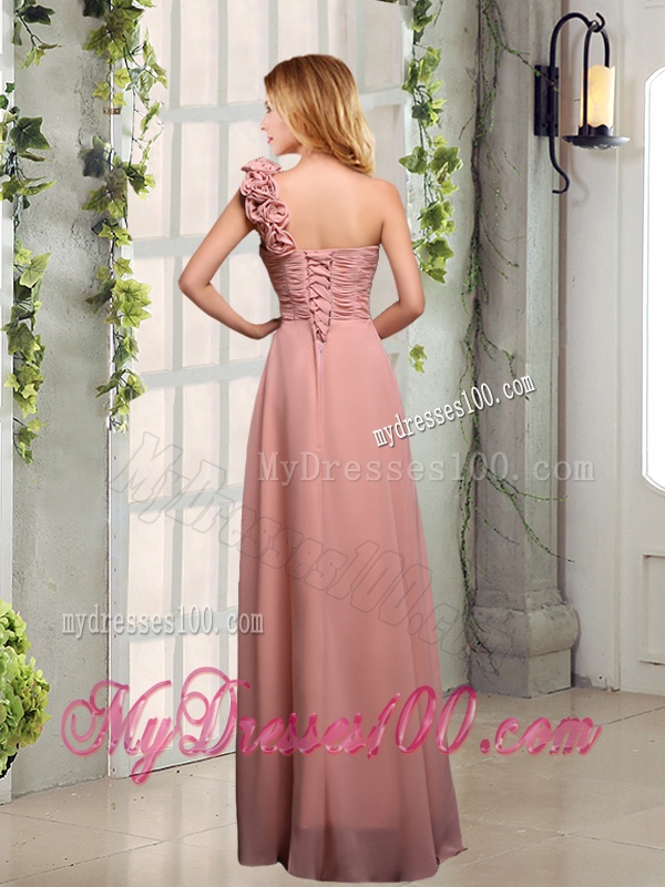 Empire Ruching One Shoulder Bridesmaid Dresses with Hand Made Flowers