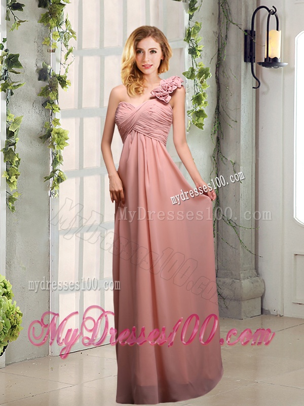 Empire Ruching One Shoulder Bridesmaid Dresses with Hand Made Flowers