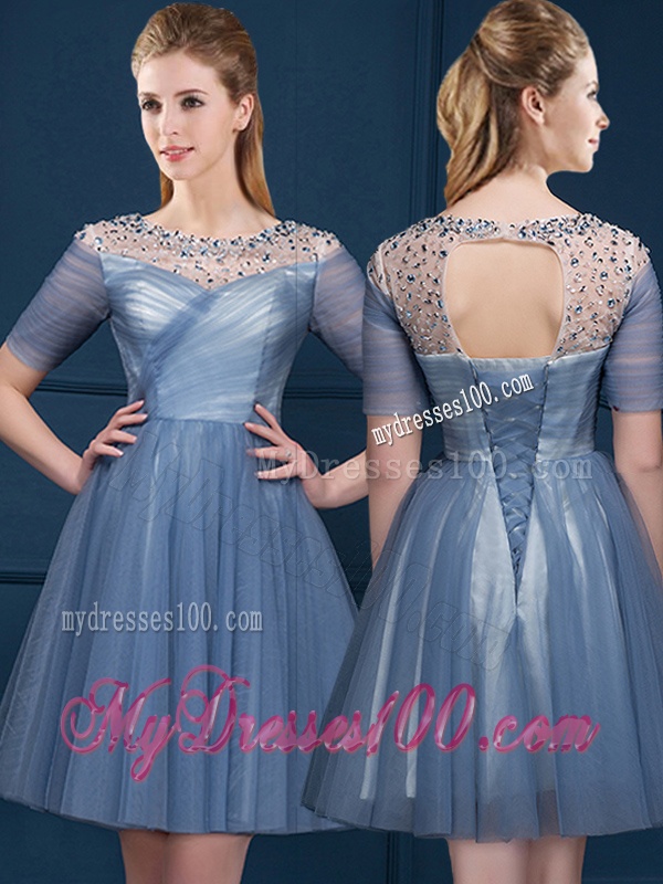 Exclusive Scoop Short Sleeves Beading Bridesmaid Dress in Navy Blue