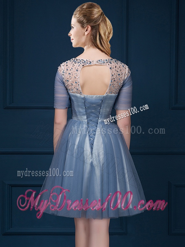 Exclusive Scoop Short Sleeves Beading Bridesmaid Dress in Navy Blue