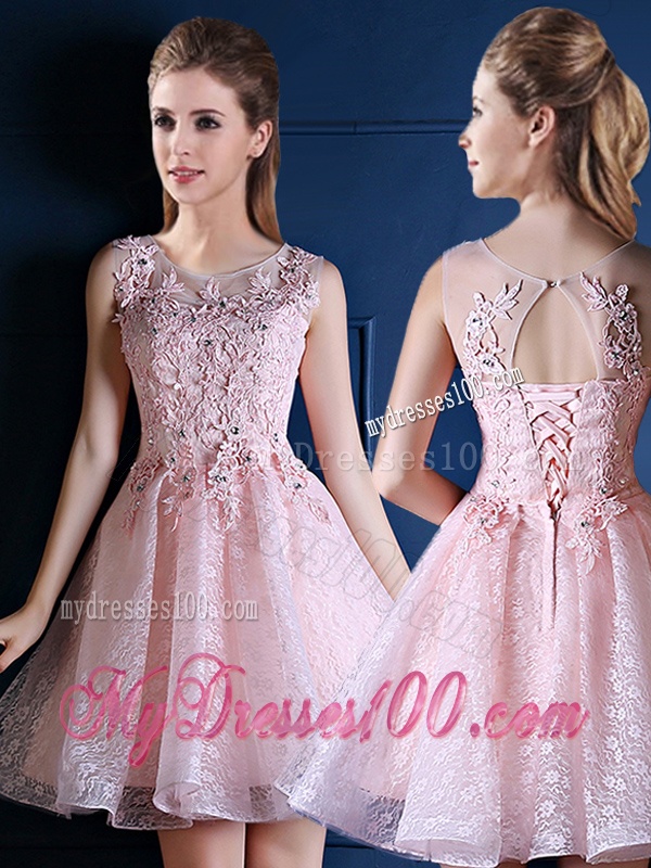 Exquisite Baby Pink Scoop Bridesmaid Dress with Appliques and Beading