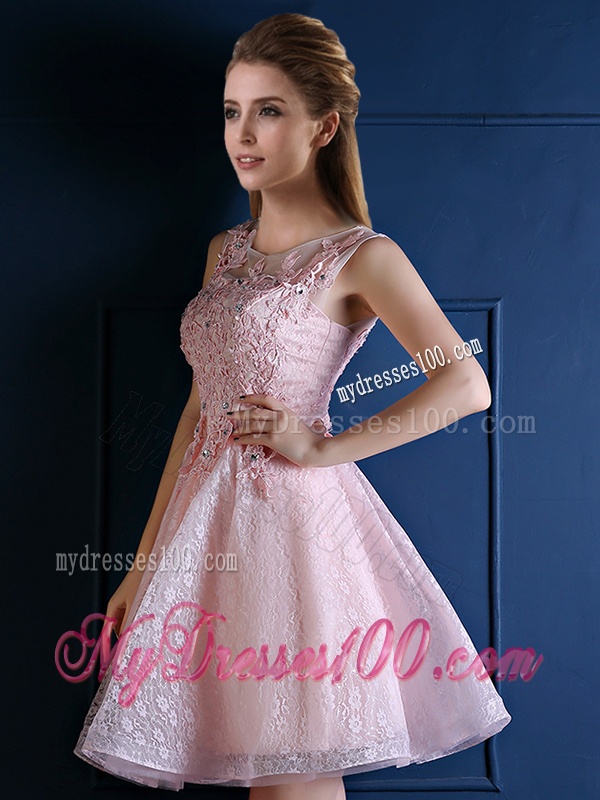 Exquisite Baby Pink Scoop Bridesmaid Dress with Appliques and Beading