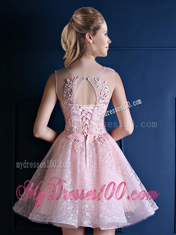 Exquisite Baby Pink Scoop Bridesmaid Dress with Appliques and Beading