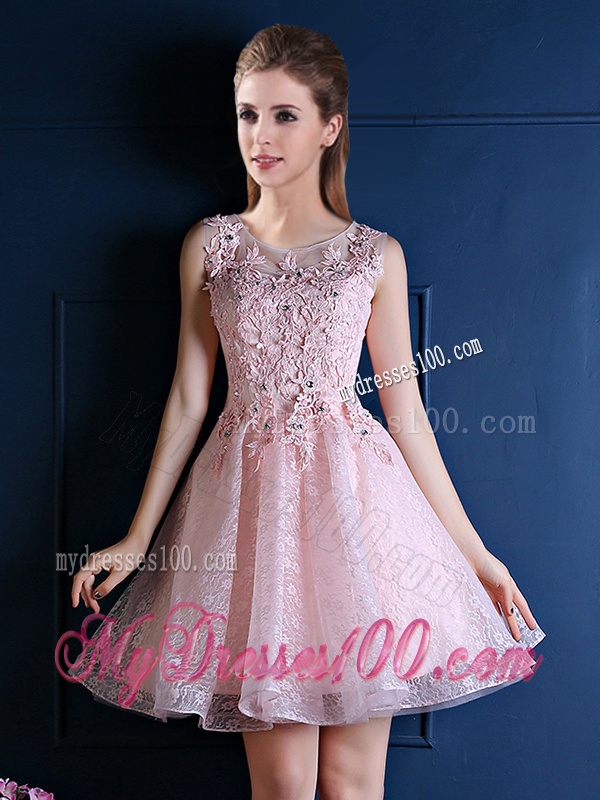 Exquisite Baby Pink Scoop Bridesmaid Dress with Appliques and Beading