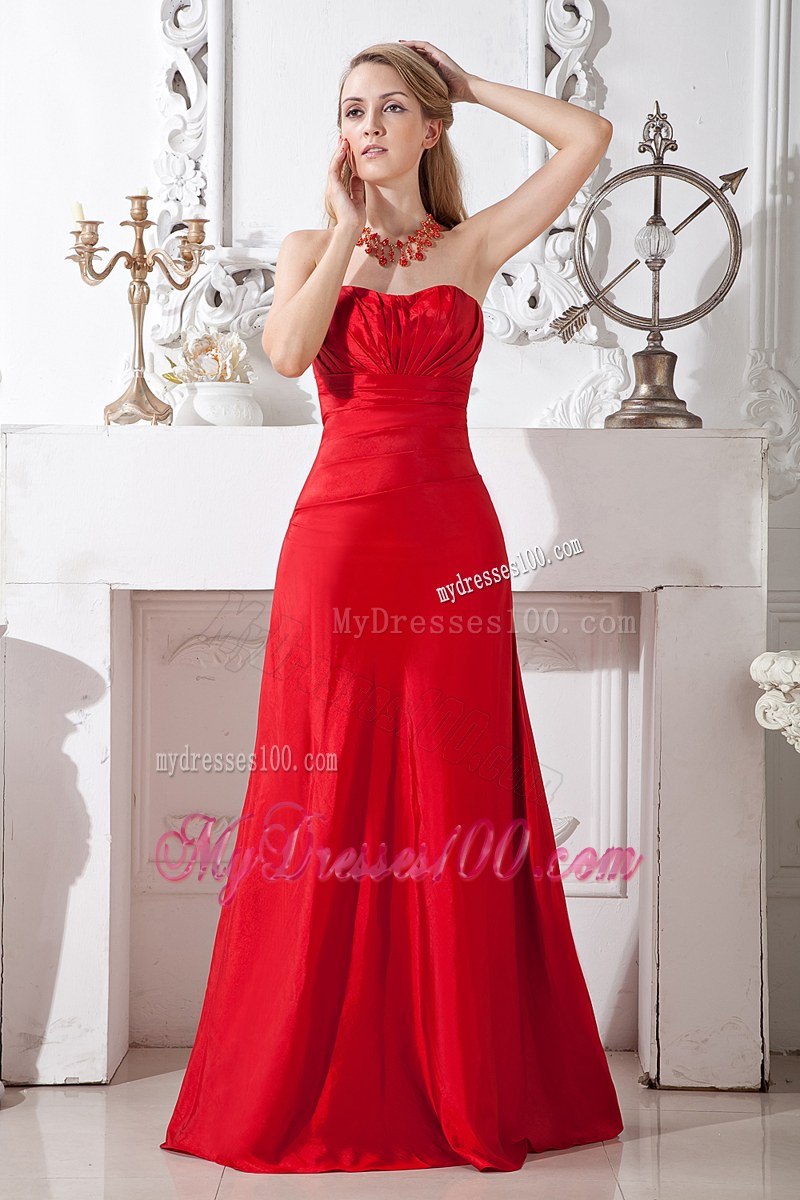 Strapless Floor-length Taffeta Red Bridemaid Dress A-line Ruching