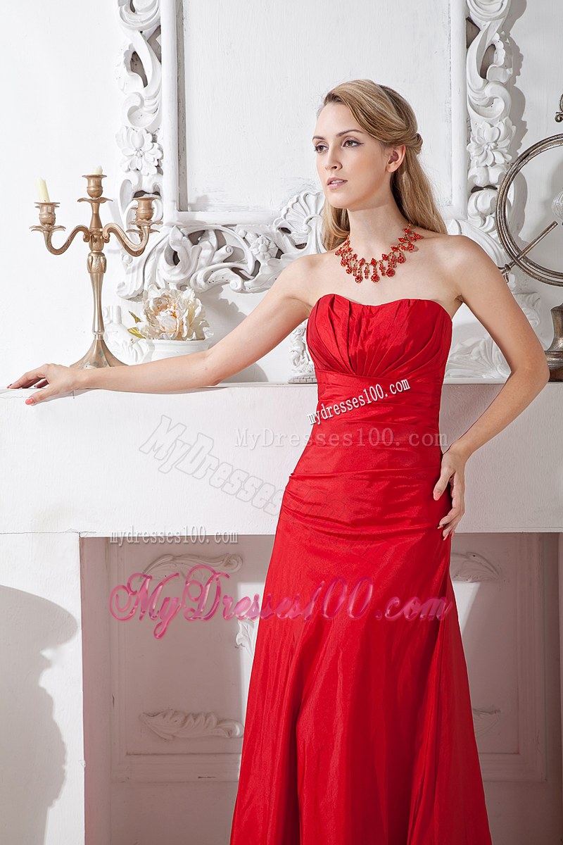 Strapless Floor-length Taffeta Red Bridemaid Dress A-line Ruching