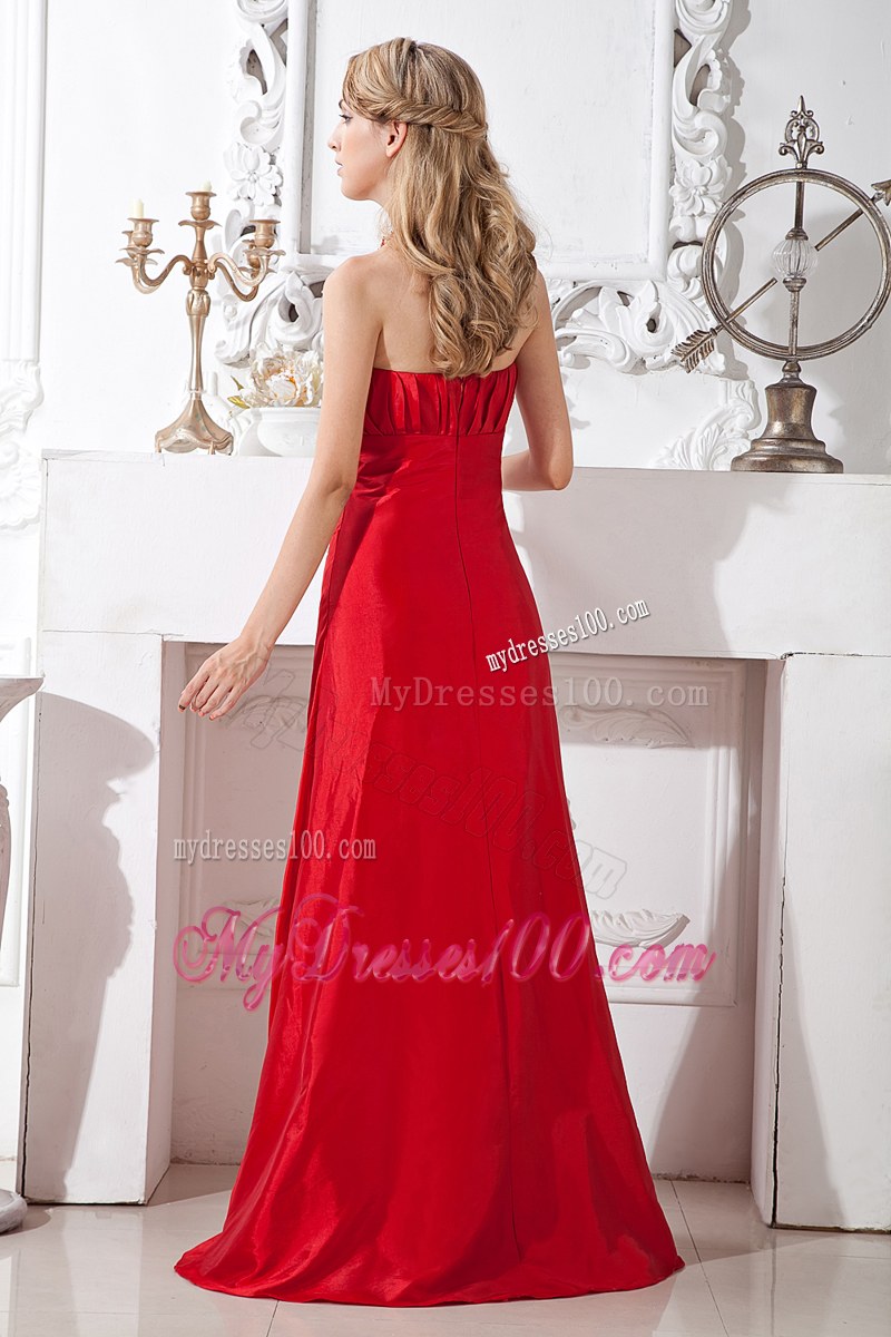 Strapless Floor-length Taffeta Red Bridemaid Dress A-line Ruching