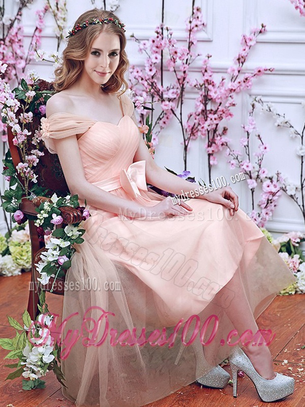 Gorgeous Off the Shoulder Cap Sleeves Bridesmaid Dress with Bowknot