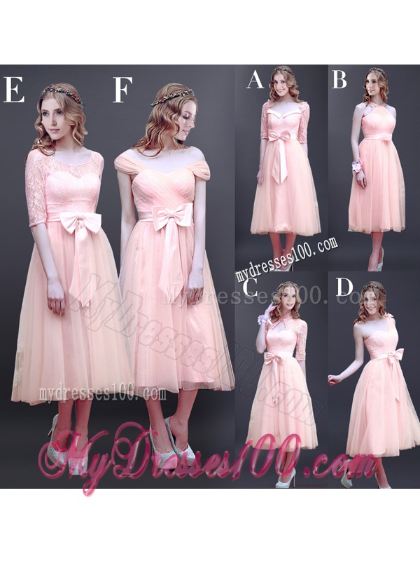 Gorgeous Off the Shoulder Cap Sleeves Bridesmaid Dress with Bowknot