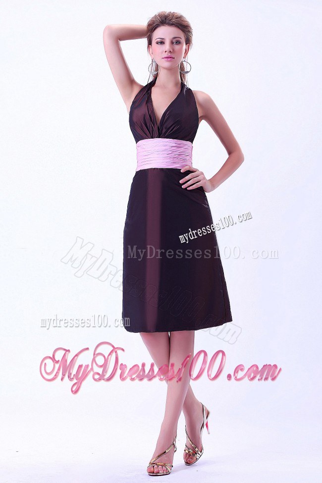 A-line Halter Brown Bridesmaid Dress With Pink Belt Knee-length Taffeta