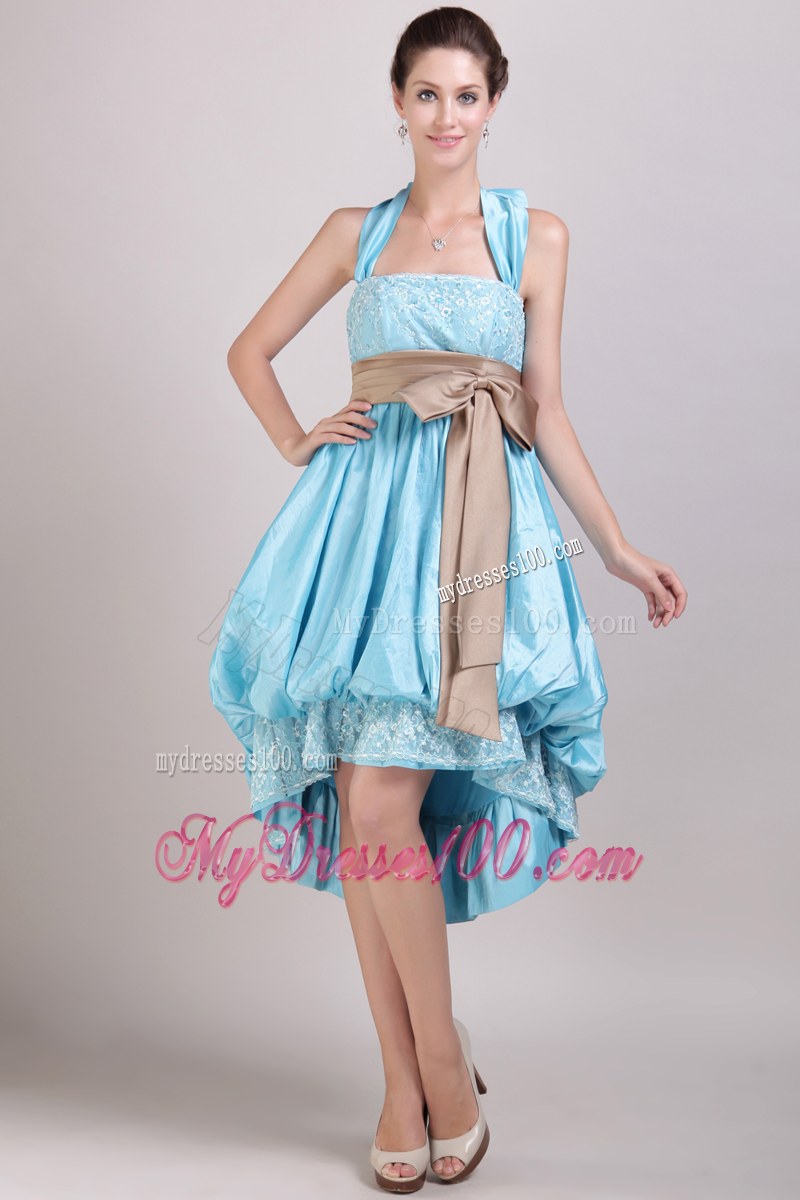 High-low Aqua Blue A-Line Halter Bridesmaid Dress Appliques and Bowknot
