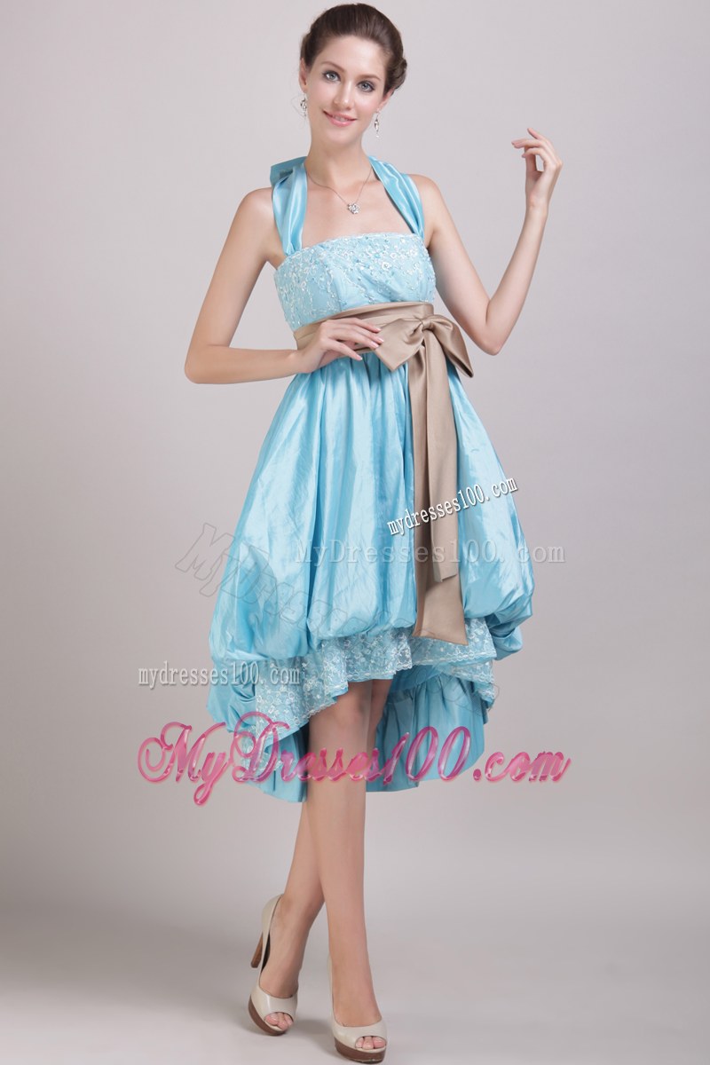 High-low Aqua Blue A-Line Halter Bridesmaid Dress Appliques and Bowknot