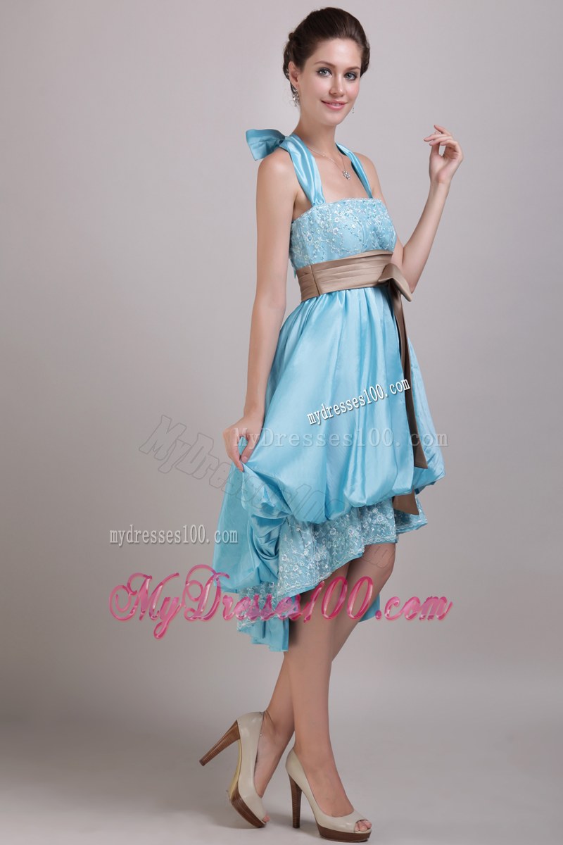 High-low Aqua Blue A-Line Halter Bridesmaid Dress Appliques and Bowknot