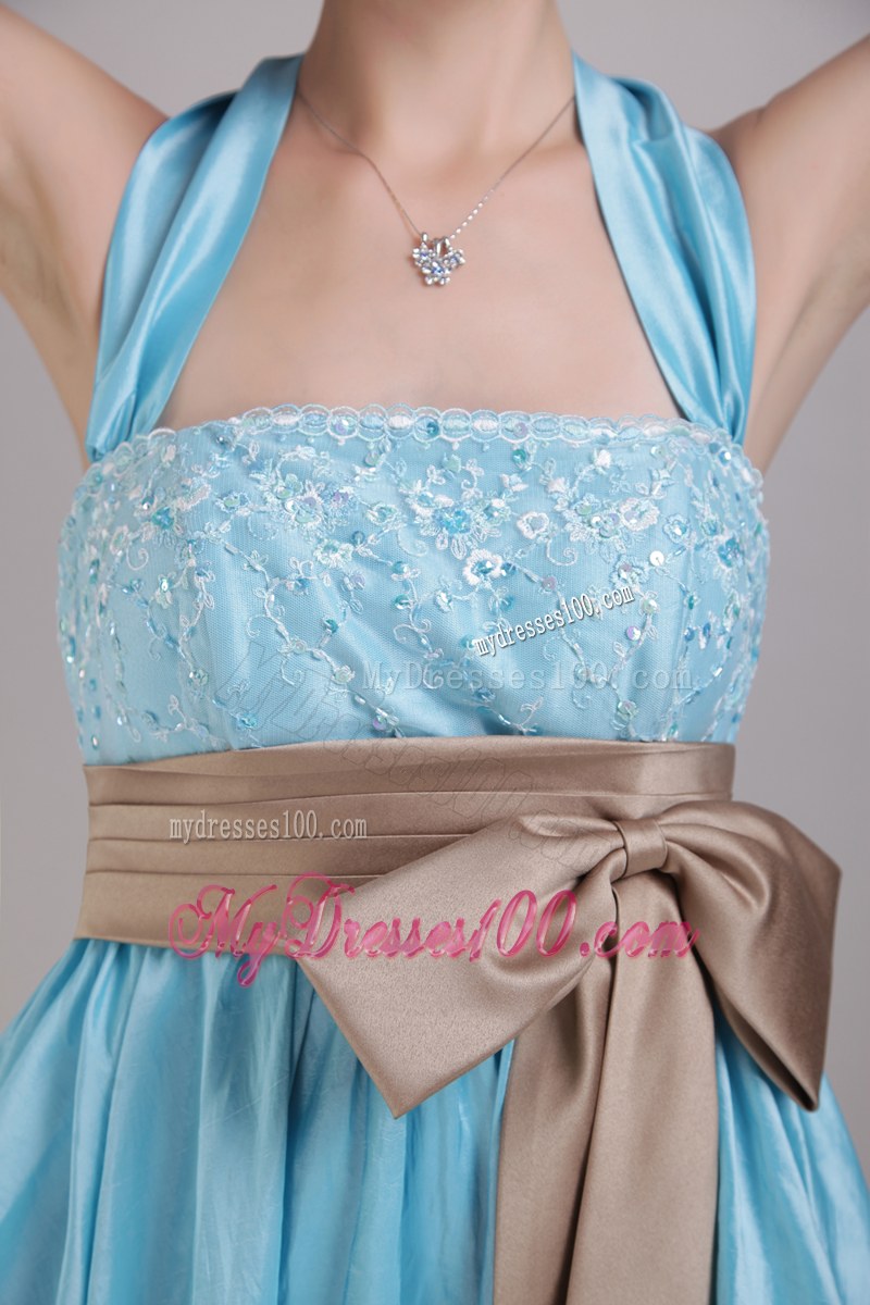 High-low Aqua Blue A-Line Halter Bridesmaid Dress Appliques and Bowknot