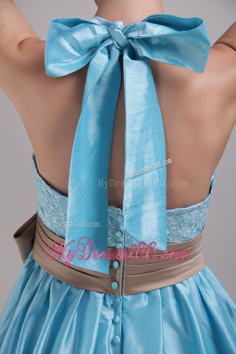 High-low Aqua Blue A-Line Halter Bridesmaid Dress Appliques and Bowknot
