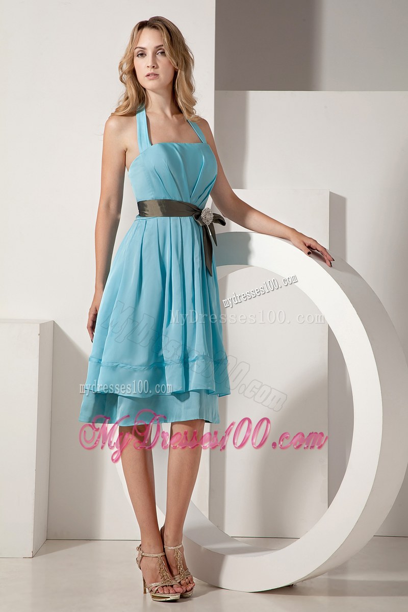 Bow Aqua Blue A-line Halter Bridesmaid Dress Taffeta Ruche and Sash