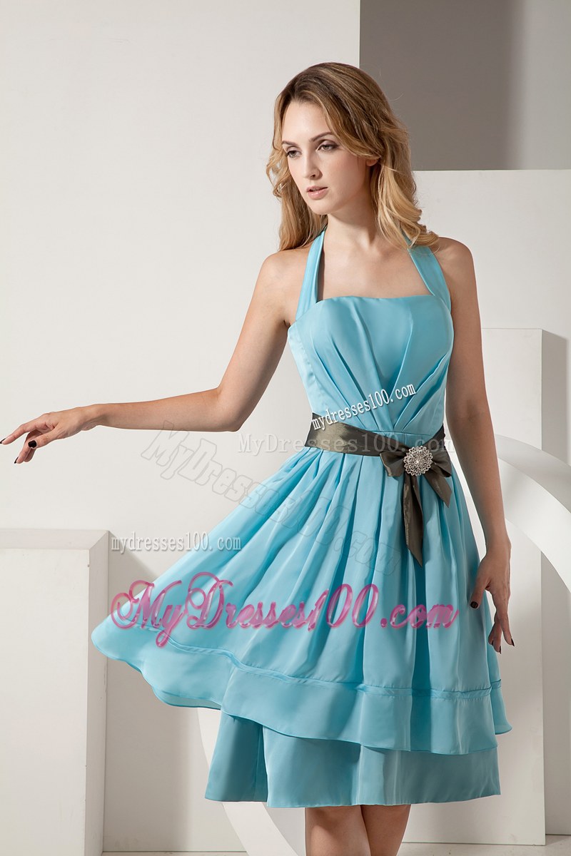 Bow Aqua Blue A-line Halter Bridesmaid Dress Taffeta Ruche and Sash