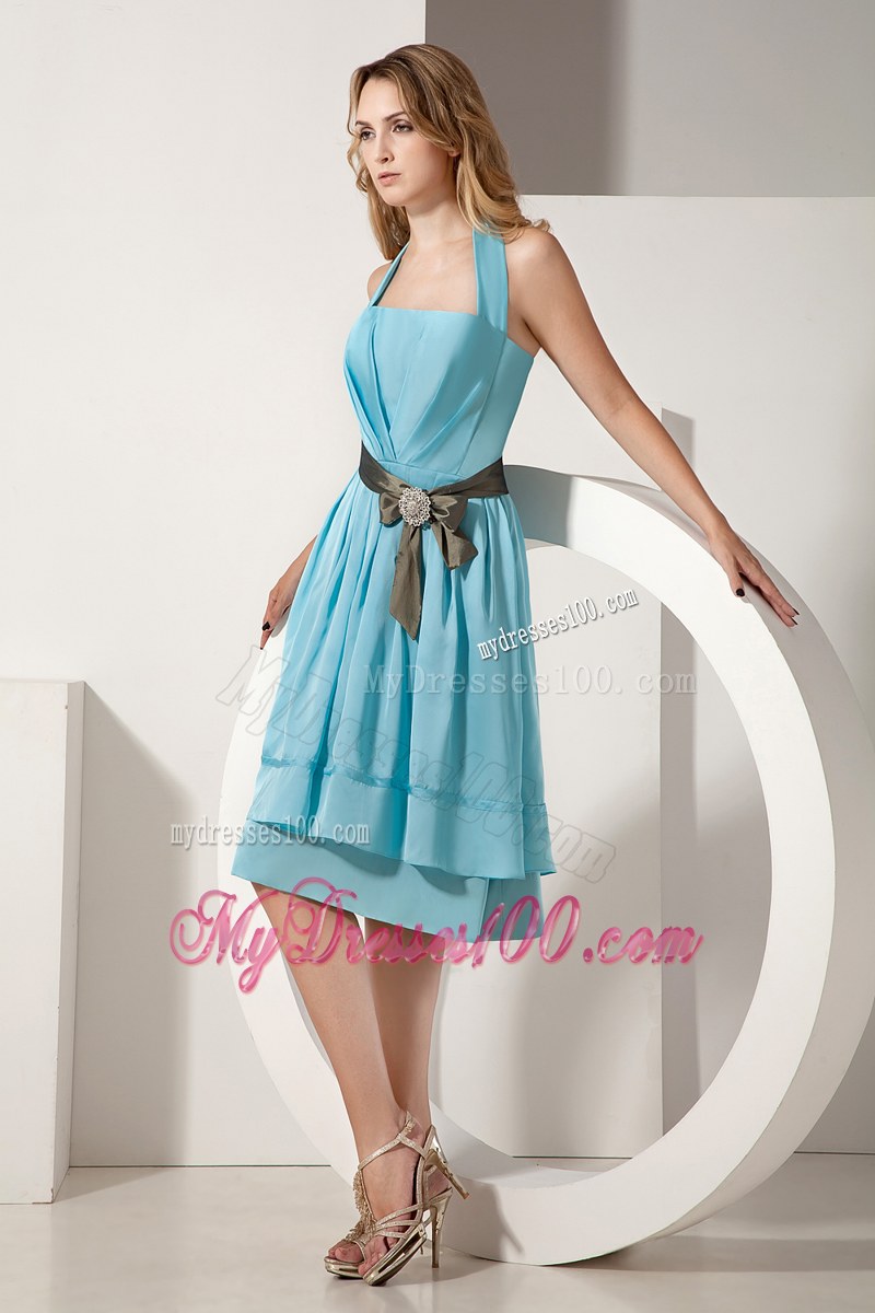 Bow Aqua Blue A-line Halter Bridesmaid Dress Taffeta Ruche and Sash