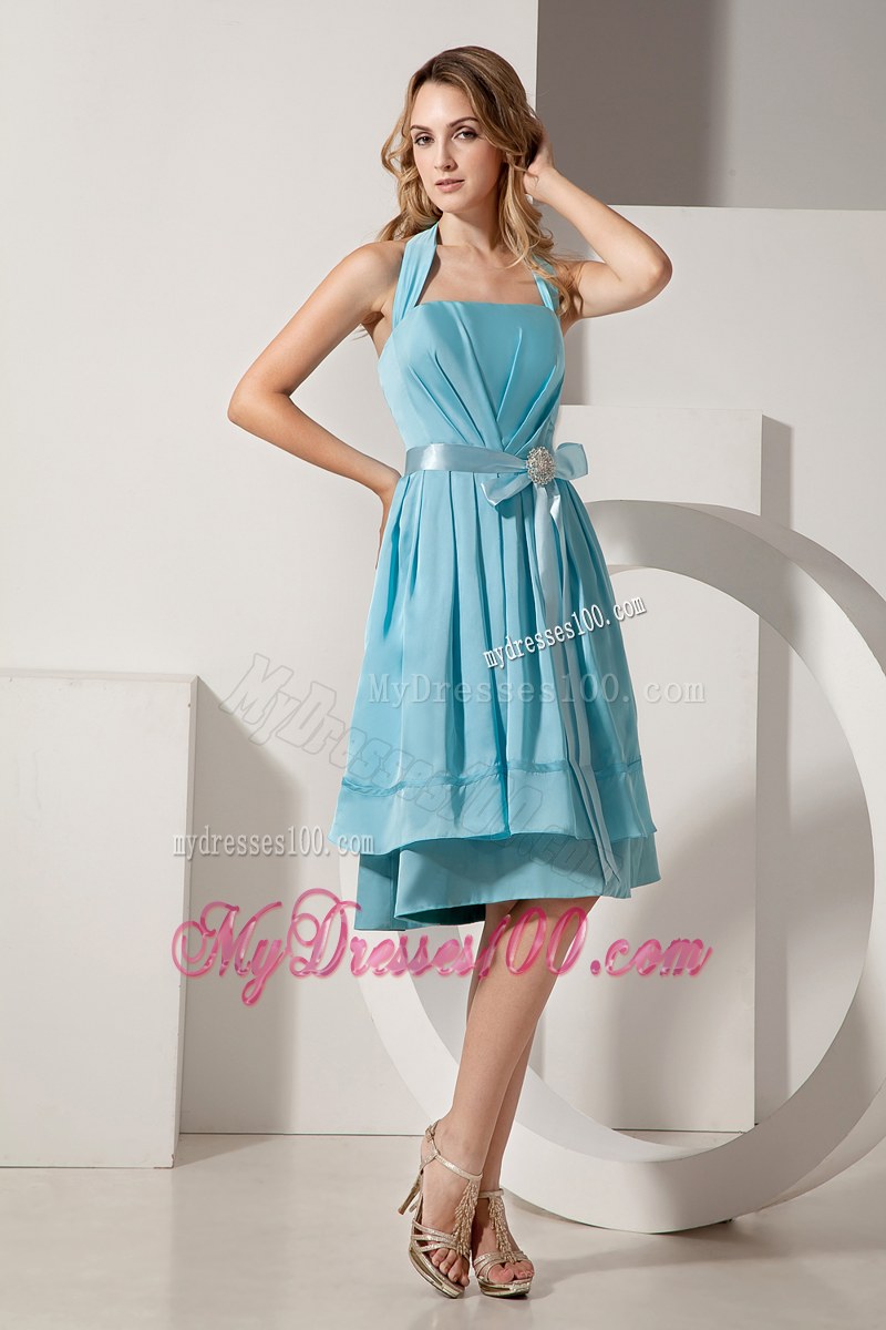 Bow Aqua Blue A-line Halter Bridesmaid Dress Taffeta Ruche and Sash