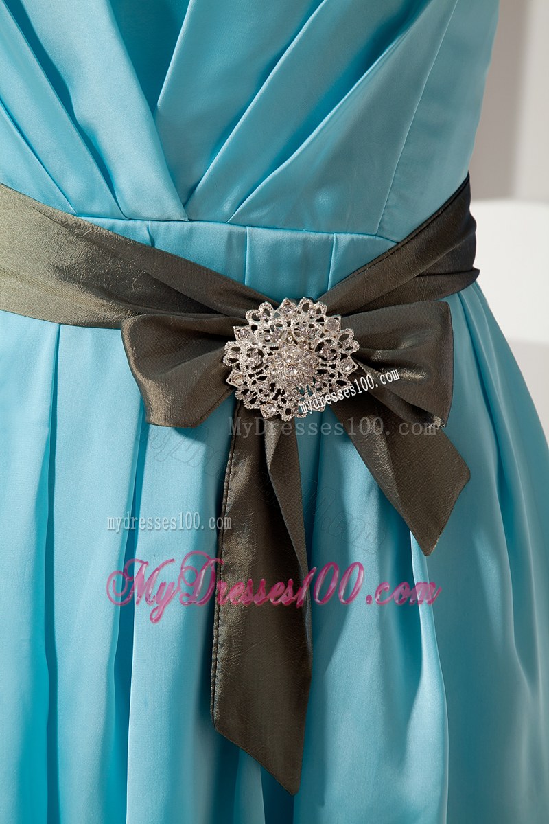Bow Aqua Blue A-line Halter Bridesmaid Dress Taffeta Ruche and Sash