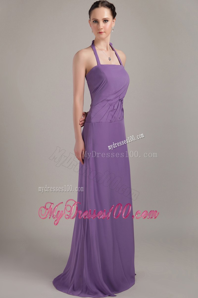 Halter Purple Column Brush Train Bridesmaid Dress Chiffon Ruche
