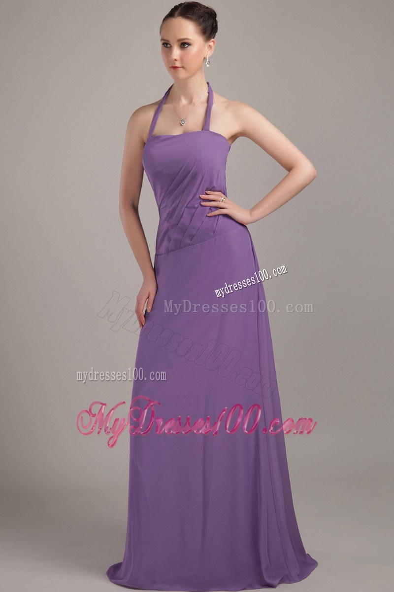 Halter Purple Column Brush Train Bridesmaid Dress Chiffon Ruche