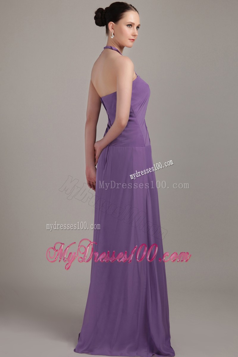 Halter Purple Column Brush Train Bridesmaid Dress Chiffon Ruche