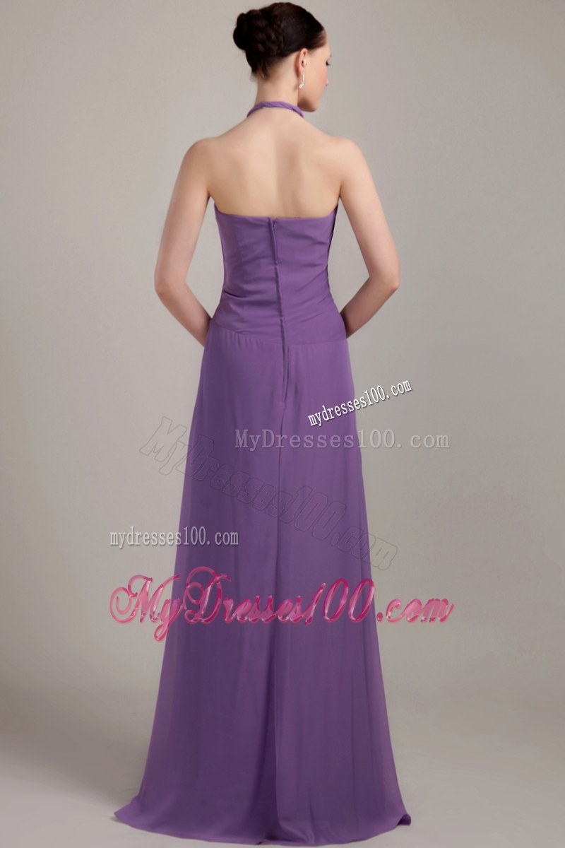 Halter Purple Column Brush Train Bridesmaid Dress Chiffon Ruche