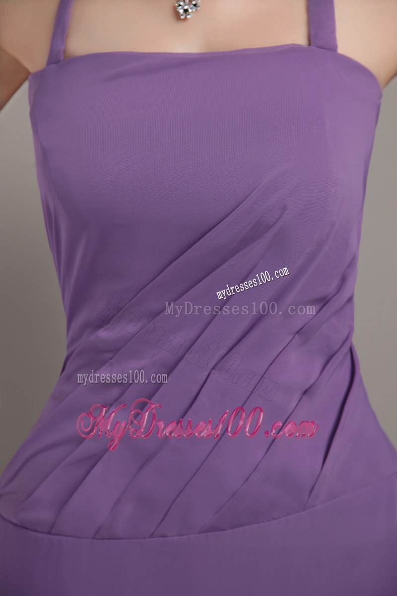 Halter Purple Column Brush Train Bridesmaid Dress Chiffon Ruche