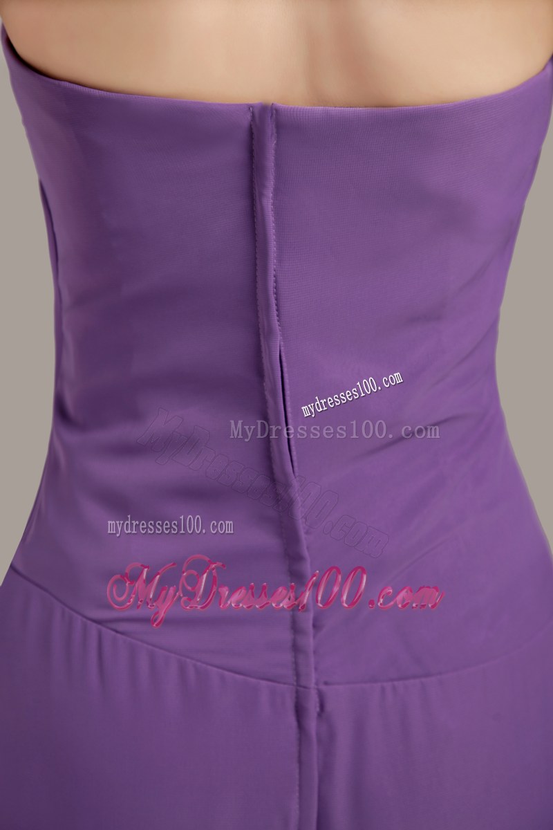 Halter Purple Column Brush Train Bridesmaid Dress Chiffon Ruche