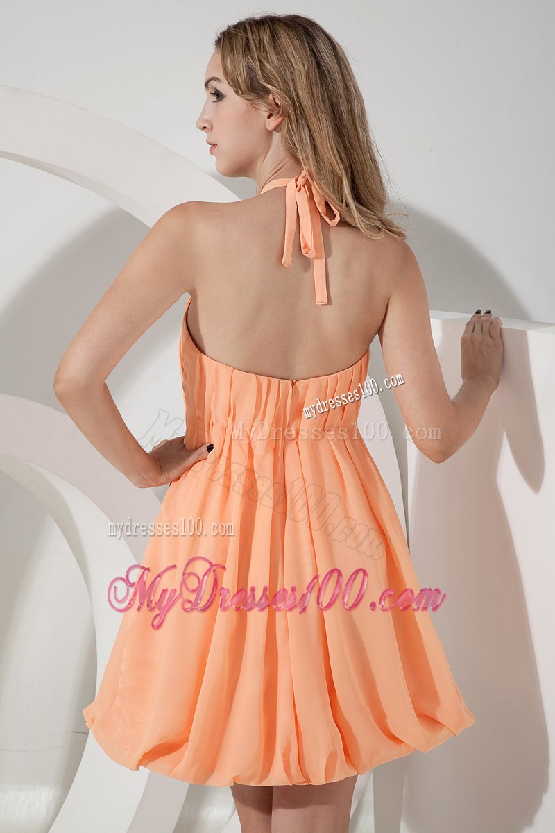 Halter Mini-length Chiffon Bridesmaid Dress Orange A-line Ruching