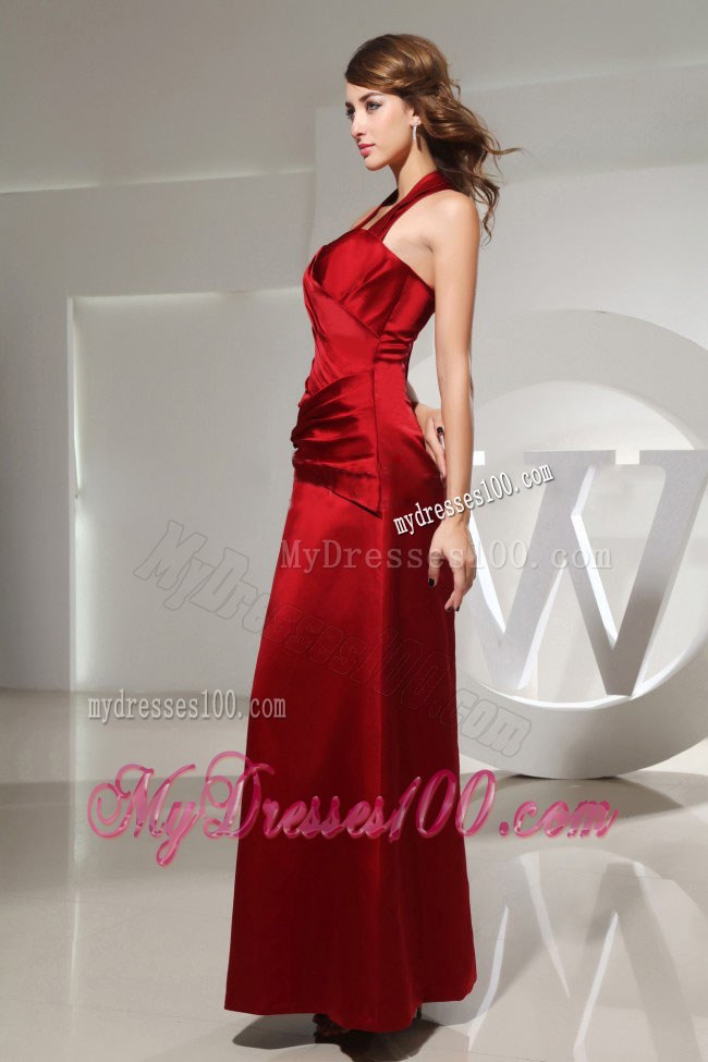 Halter Ruched Column Wine Red Satin Sleeveless Bridemaid Dress
