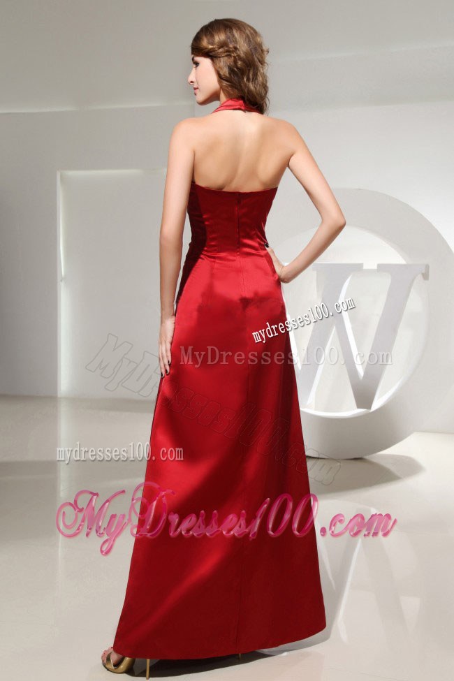 Halter Ruched Column Wine Red Satin Sleeveless Bridemaid Dress