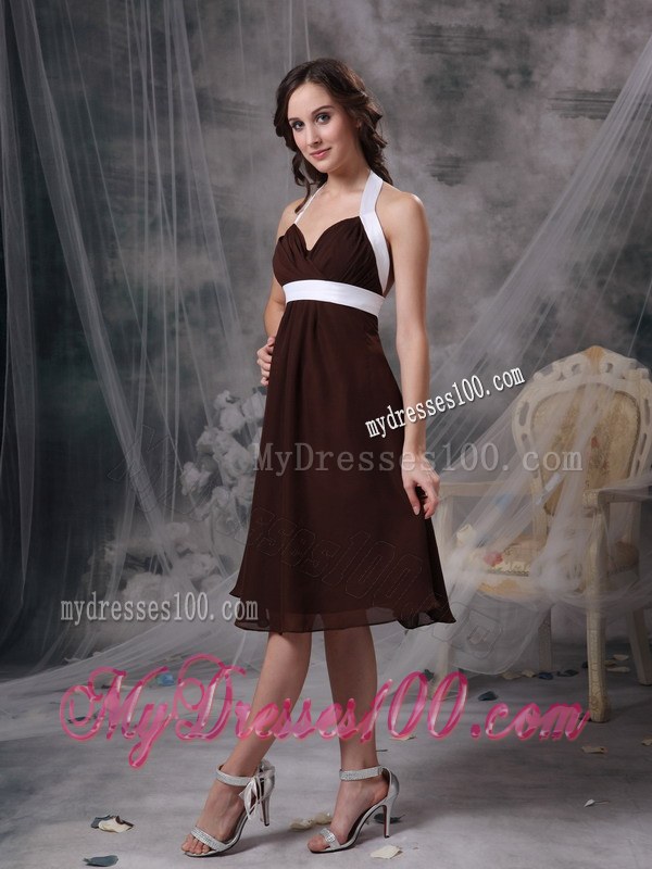 Brown Column Halter Chiffon Ruching Knee-length Bridesmaid Dresses