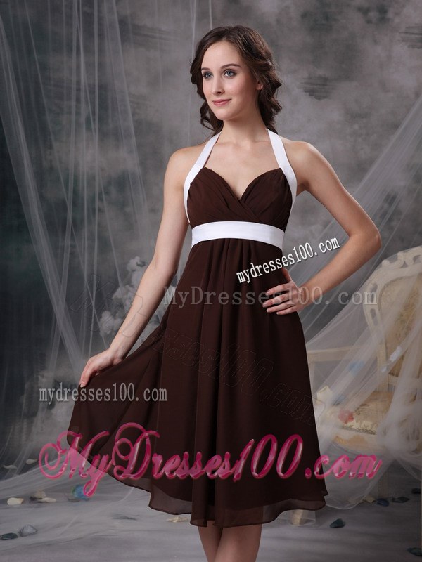 Brown Column Halter Chiffon Ruching Knee-length Bridesmaid Dresses