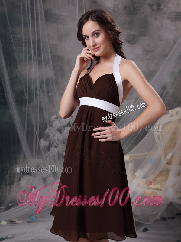 Brown Column Halter Chiffon Ruching Knee-length Bridesmaid Dresses