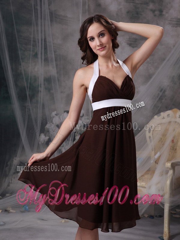 Brown Column Halter Chiffon Ruching Knee-length Bridesmaid Dresses