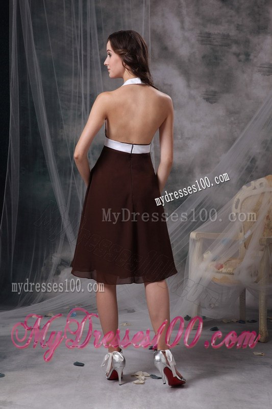 Brown Column Halter Chiffon Ruching Knee-length Bridesmaid Dresses