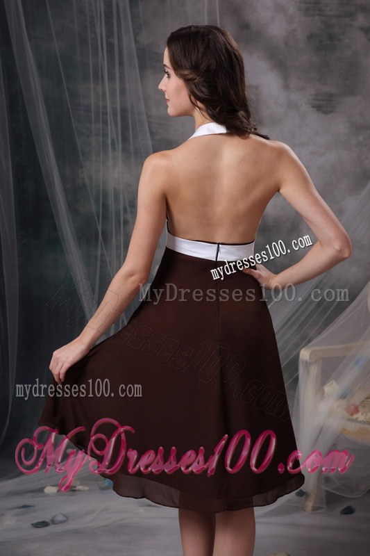 Brown Column Halter Chiffon Ruching Knee-length Bridesmaid Dresses