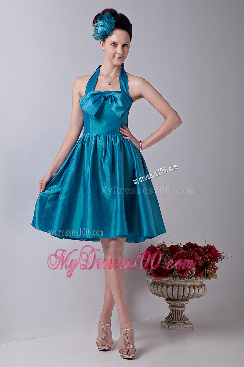Halter Teal Princess Bridemaid Dress Taffeta Bowknot Knee-length