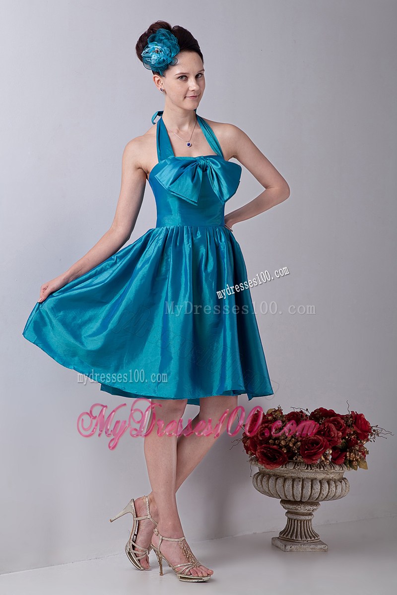 Halter Teal Princess Bridemaid Dress Taffeta Bowknot Knee-length