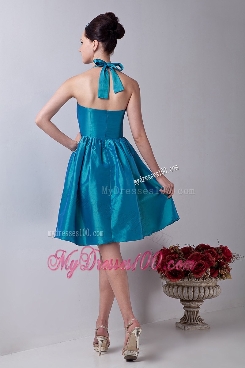 Halter Teal Princess Bridemaid Dress Taffeta Bowknot Knee-length
