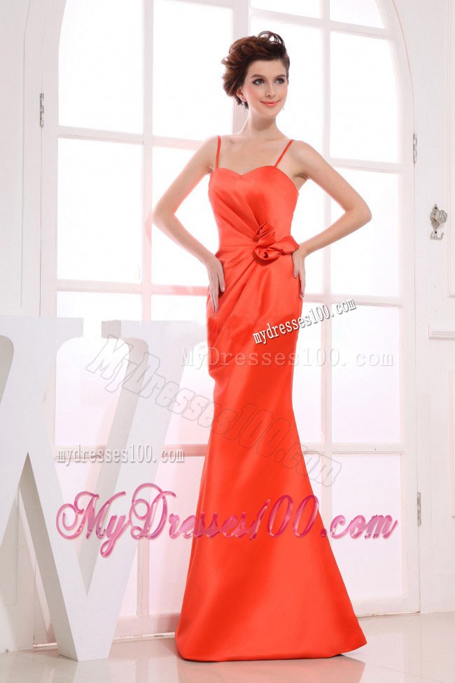 Orange Red Spaghetti Straps 2013 Bridemaid Dress with Hand Flower