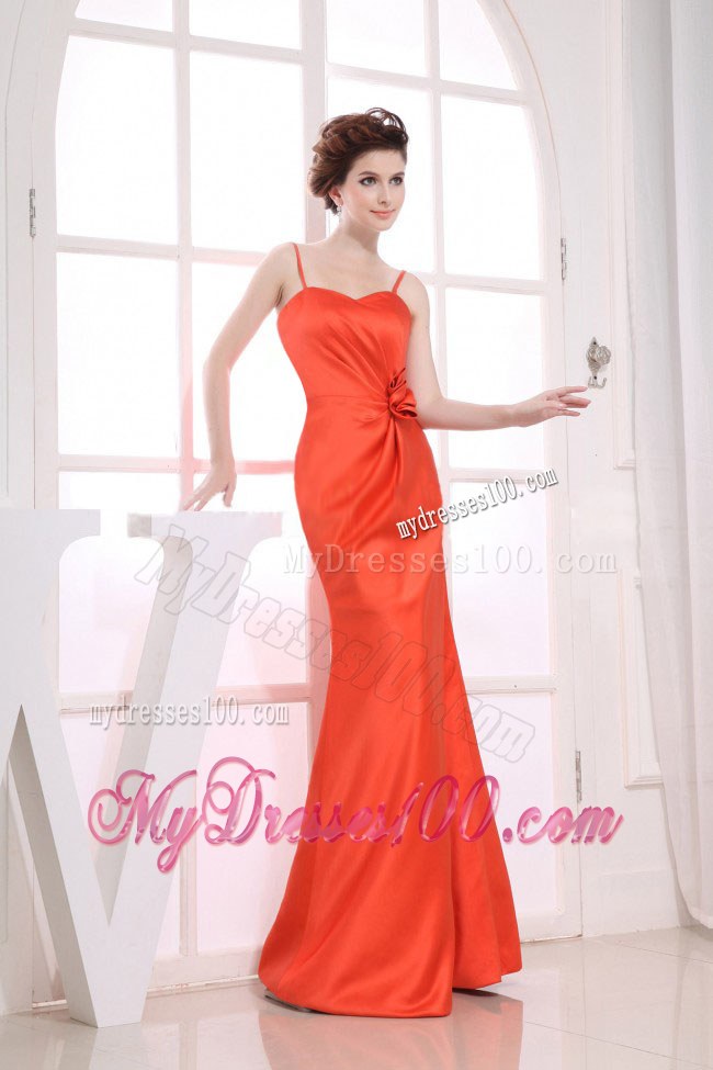 Orange Red Spaghetti Straps 2013 Bridemaid Dress with Hand Flower